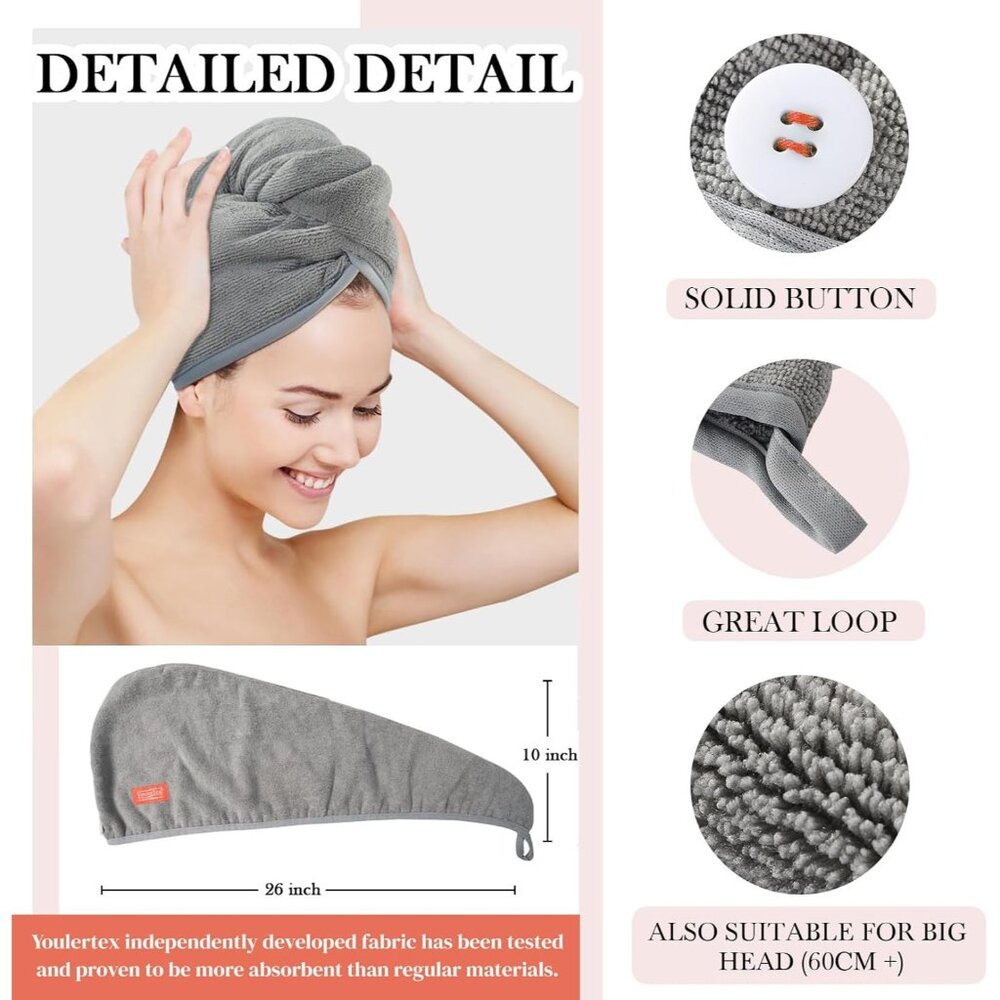 Microfiber Hair Towel Hair Wrap: 2 Pack 10X26 Hair Dryer Towels for Women Absorb - Picture 4 of 6
